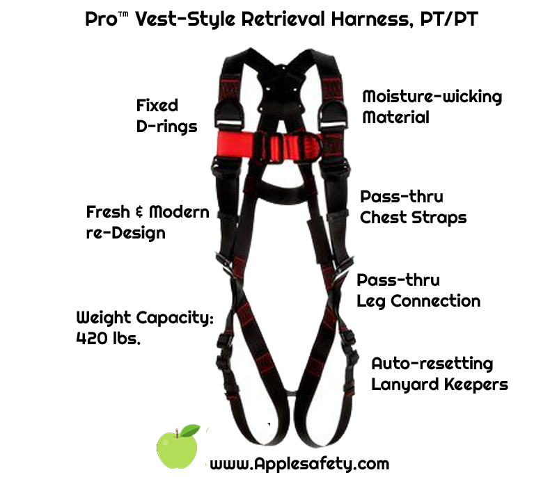 Pro™ Vest-Style Retrieval Harness, PT/PT, 1161517-1161518-1161519, front, chart, Back, front and rescue D-ringsPass-thru Leg StrapsPass-thru Chest Connection Moisture-wicking, breathable material ANSI Auto-resetting lanyard keepers Weight Capacity: 420 lbs. 