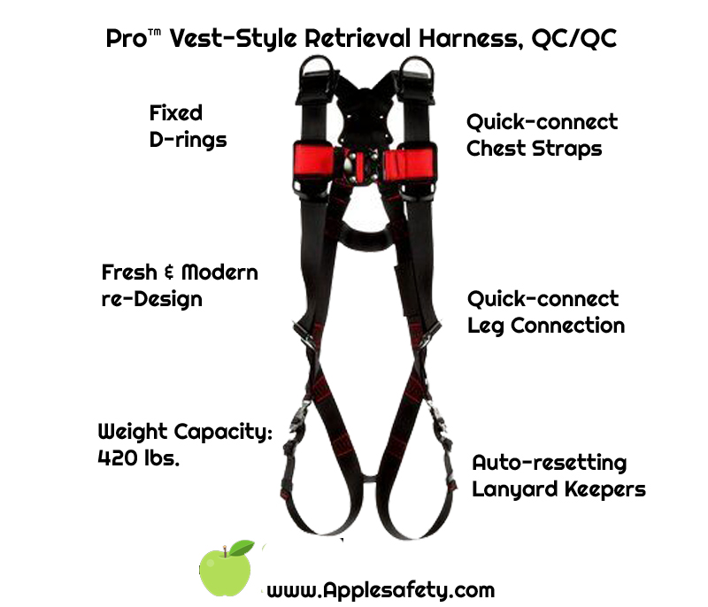 Pro™ Vest-Style Retrieval Harness, QC/QC, 1161528-1161529-1161530, front, chart, Back and Shoulder D-ringsQuick-Connect Leg StrapsQuick-Connect Chest ConnectionMoisture-wicking, breathable materialANSI Auto-resetting lanyard keepersWeight Capacity: 420 lbs. 