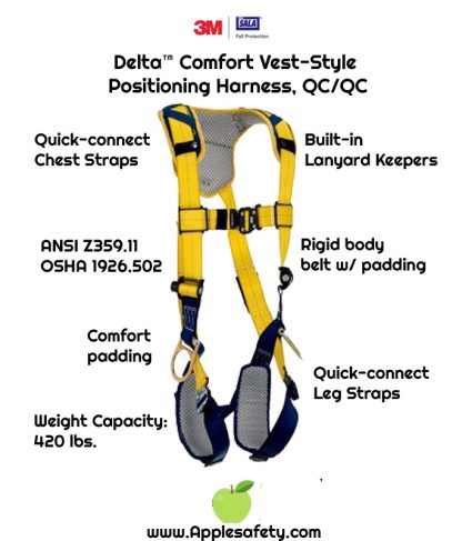 Delta™ Comfort Vest-Style Positioning Harness, QC/QC, 1100821 1100822 1100823 1100824, Back and side D-rings, quick connect buckle leg and chest straps, comfort padding, chart
