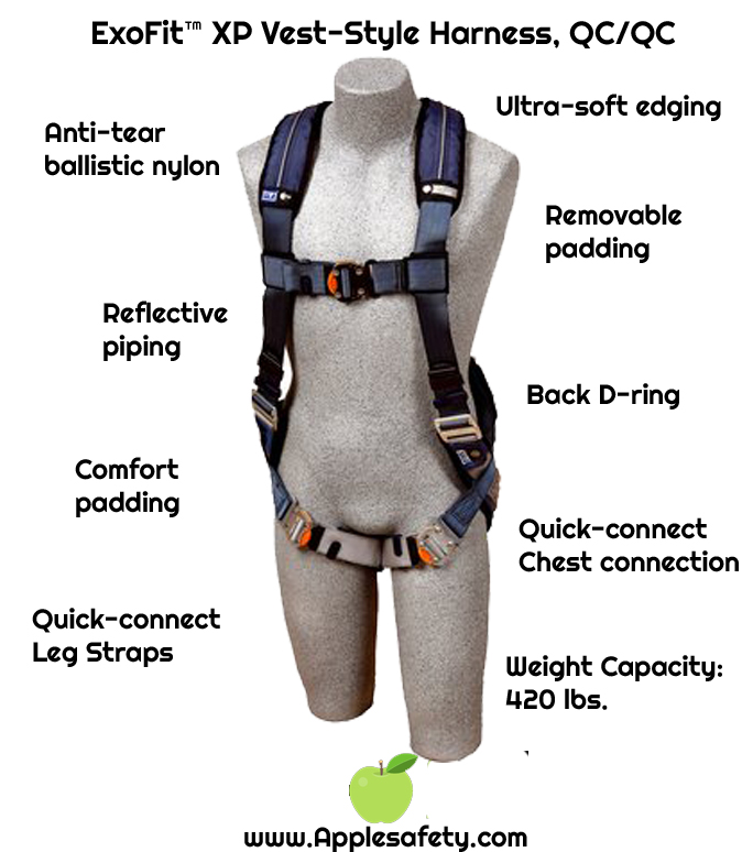 ExoFit™ XP Vest-Style Harness, QC/QC, Back D-ring, loops for belt, quick-connect buckles, 1110100 1110101 1110102 1110103, front chart