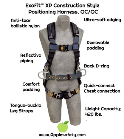 ExoFit™ XP Construction Style Positioning Harness, QC/QC, Back D-ring, sewn in back pad & belt with side D-rings, quick-connect buckles, 1110150 1110151 1110152 1110153, front chart
