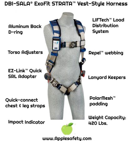 3M™ DBI-SALA® ExoFit STRATA™ Vest-Style Harness, Aluminum back D-ring, locking quick-connect buckles on legs and chest, 1112495 1112496 1112497 1112498, front chart