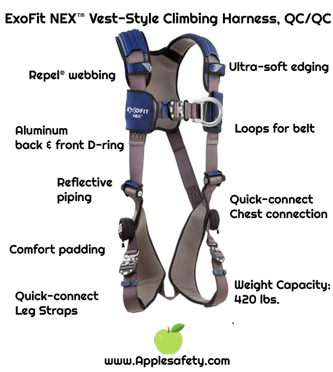 ExoFit NEX™ Vest-Style Climbing Harness, QC/QC, Aluminum front & back D-rings, locking quick connect buckles, 1113031 1113034 1113037 1113040, front chart