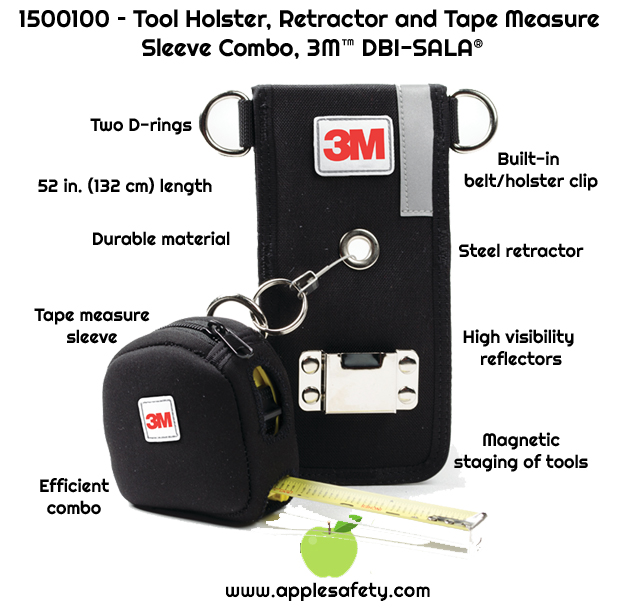  Tape measure holster with retractor and sleeve combination Conforms to many tape measure sizes up to 25 ft. (7.62 m) Built-in belt/holster clip High visibility reflectors 52 in. (132 cm) length with 1.5 lb. (0.7 kg) capacity