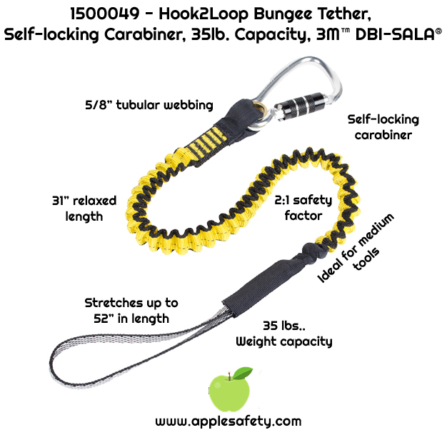 1500049 - Hook2Loop Bungee Tether, Self-locking Carabiner, 35lb. Capacity, 3M™ DBI-SALA®, 1500049 LNYD,TOOL,BUNGEE,MED,SGL35LB,HOOK TO LOOP Hook2loop bungee tether - medium duty - 35 lb. capacity DROPPED OBJECTS 