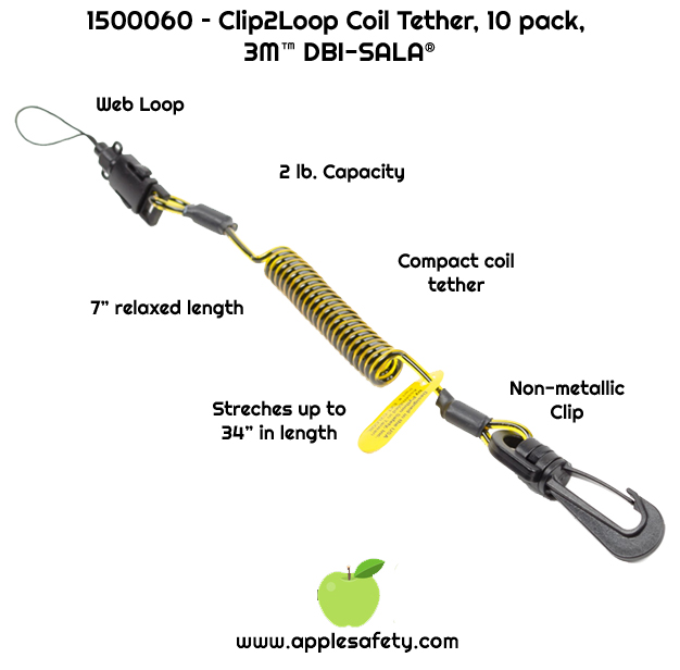  Ultra compact coil style tether Clip at one end, loop at the other 2 lb. (0.9 kg) capacity 7 in. (17.8 cm) in length relaxed, 34 in. (86.4 cm) in length stretched