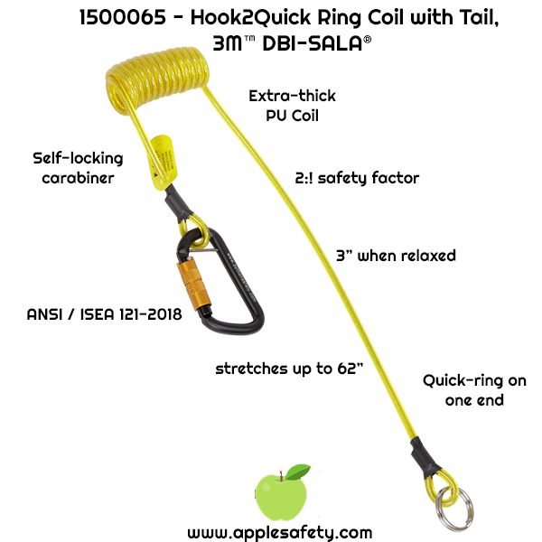 1500065 TETHER,COIL,H2QR,SGL,2LBHOOK TO Q-RING Hook2quick Ring coil tether with tail - 2 lb. capacity