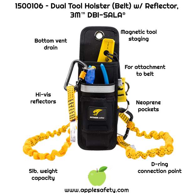  2 neoprene pockets fit optional retractors Bottom drain vent High Visibility Reflectors Magnetic tool staging system holds tools in place D-ring connection points for your tether have a 5 lb. (2.3 kg) capacity For attachment to body belt Meets ANSI / ISEA 121-2018