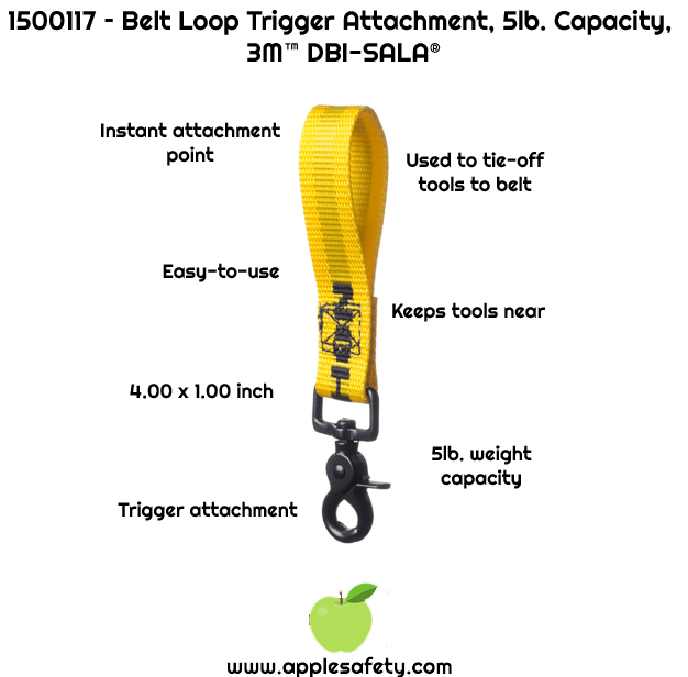      Allows for staging of tools from the belt     User-friendly thumb activated trigger     Compatible with all 3M™ DBI-SALA® tool belts     Third party certified to a 5 lb. (2.3 kg) maximum capacity