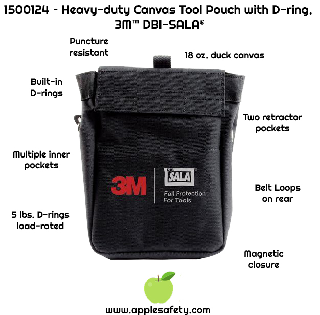      Tool pouch is 7.5 in. wide x 11 in. high (19.1 cm x 27.9 cm) and has multiple inner pockets     Belt loops provided on rear of pouch     Two internal retractor pockets, allowing 3M™ DBI-SALA® Steel Cable Retractors to be installed     Made from 18 oz. duck canvas with inner lining to help prevent punctures     Hook and loop closure system, can be locked open during use     Integrated D-rings load-rated for 5 lbs. (2.3 kg) makes tethering tools easy