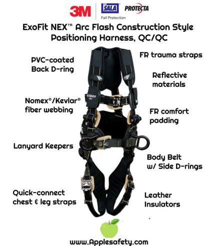 ExoFit NEX™ Arc Flash Construction Style Positioning Harness, QC/QC, 1113315 1113316 1113317 1113318, front chart