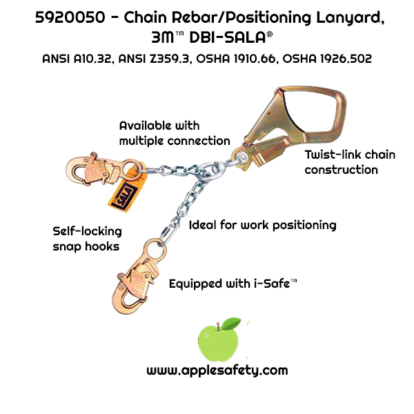 20.5" (52cm) chain rebar assembly with swiveling steel rebar hook at center, snap hooks at leg ends, applesafety chart