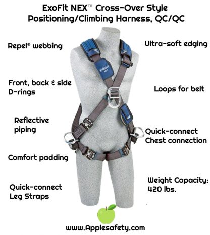 3M™ DBI-SALA® ExoFit NEX™ Cross-Over Style Positioning/Climbing Harness, Aluminum front, back & side D-rings, locking quick connect buckles, 1113106 1113109 1113112 1113115, front chart