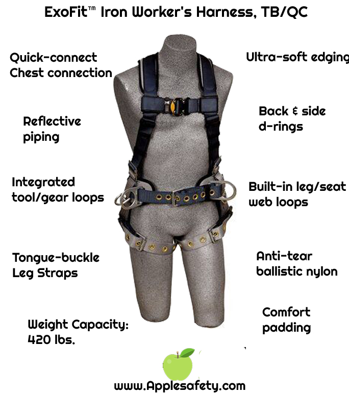 ExoFit™ Iron Worker's Harness, TB/QC, Vest style, back D-ring, sewn in back pad & belt with side D-rings, reinforced seat straps, tongue buckle legs, 1100530 1100531 1100532 1100533, chart