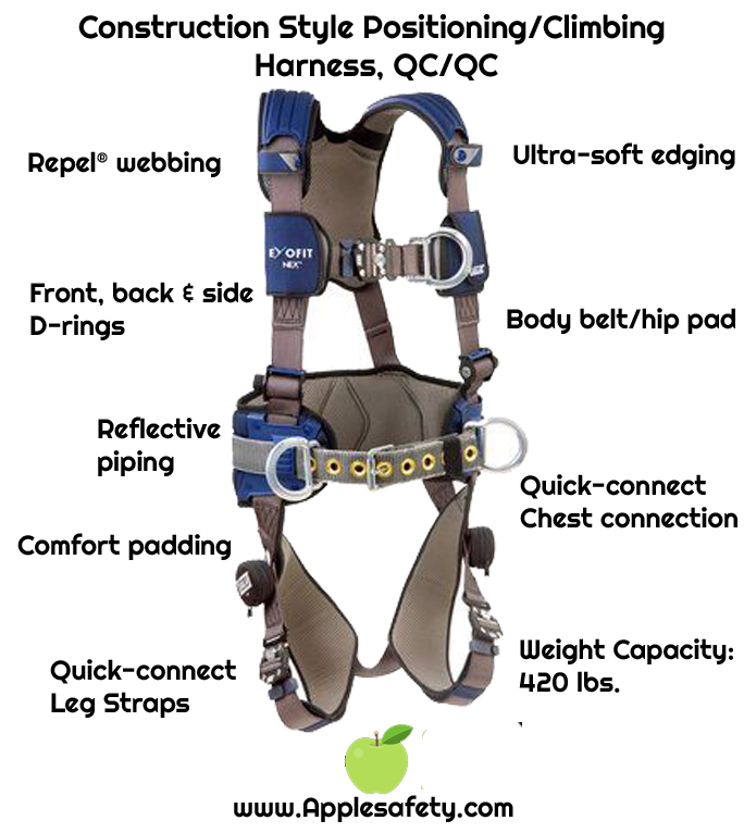 ExoFit NEX™ Construction Style Positioning/Climbing Harness, 1113151 1113154 1113157 1113160, Aluminum front, back & side D-rings, locking quick connect buckles with sewn in hip pad & belt, front chart