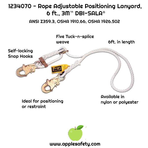 1232209 1232210, 6 ft. (1.8m) adjustable nylon rope single-leg with snap hooks at each end, Rope Adjustable Positioning Lanyard, appleasfety chart
