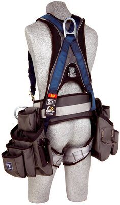 ExoFit™ Construction Style Harness with Tool Pouches, Back D-ring, sewn-in back pad & belt with side D-rings, quick-connect buckles, attached 9504066 & 9504072 tool pouches, 1108516 1108517 1108518 1108519, rear left