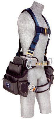 ExoFit™ Construction Style Harness with Tool Pouches, Back D-ring, sewn-in back pad & belt with side D-rings, quick-connect buckles, attached 9504066 & 9504072 tool pouches, 1108516 1108517 1108518 1108519, front right