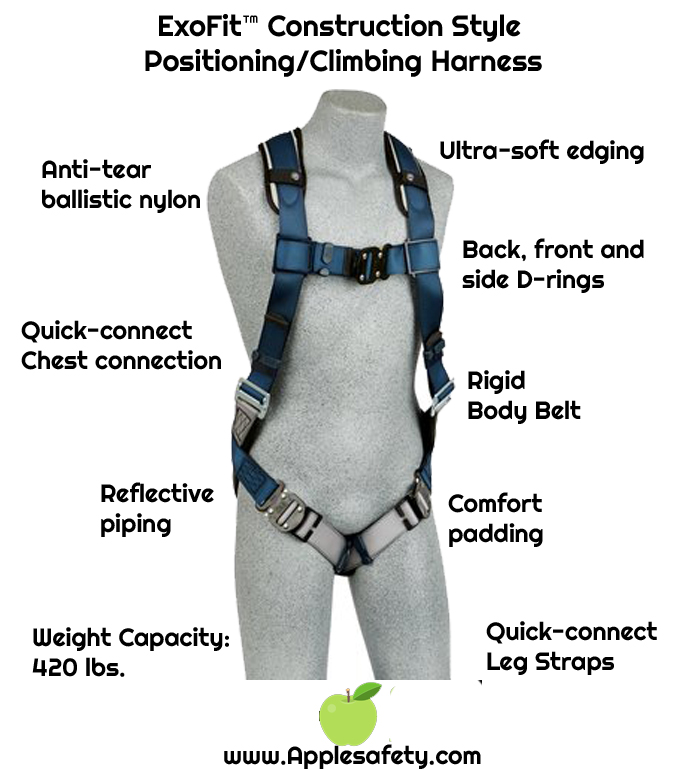 ExoFit™ Construction Style Positioning/Climbing Harness, Back & front D-ring, sewn in back pad & belt with side D-rings, quick-connect buckles, 1108975 1108977 1108978 1108979, chart