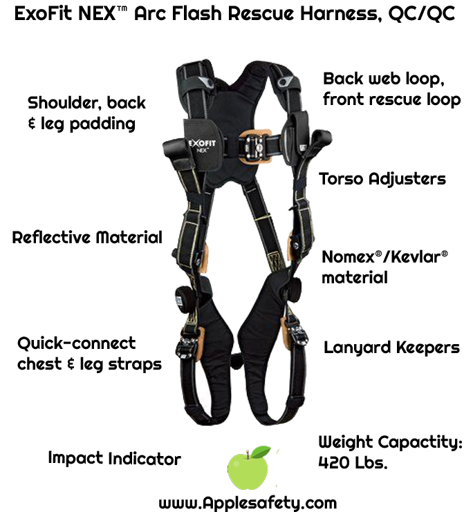 3M™ DBI-SALA® ExoFit NEX™ Arc Flash Rescue Harness, Nomex®/Kevlar® fiber web, dorsal web loop & front rescue loops, locking quick connect buckles, comfort padding, 1113325 1113326 1113327 1113328, front chart 2