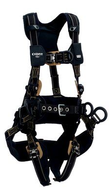 ExoFit NEX™ Arc Flash Tower Climbing Harness, QC/QC, PVC coated aluminum back and front D-rings, belt with pad and PVC coated aluminum side D-rings, seat sling with PVC coated suspension D-rings, Nomex®/Kevlar® fiber webbing and comfort padding, locking quick connect buckle leg straps, 1113357 1113358 1113368 1113369, front