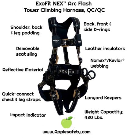 ExoFit NEX™ Arc Flash Tower Climbing Harness, QC/QC, PVC coated aluminum back and front D-rings, belt with pad and PVC coated aluminum side D-rings, seat sling with PVC coated suspension D-rings, Nomex®/Kevlar® fiber webbing and comfort padding, locking quick connect buckle leg straps, 1113357 1113358 1113368 1113369, front chart