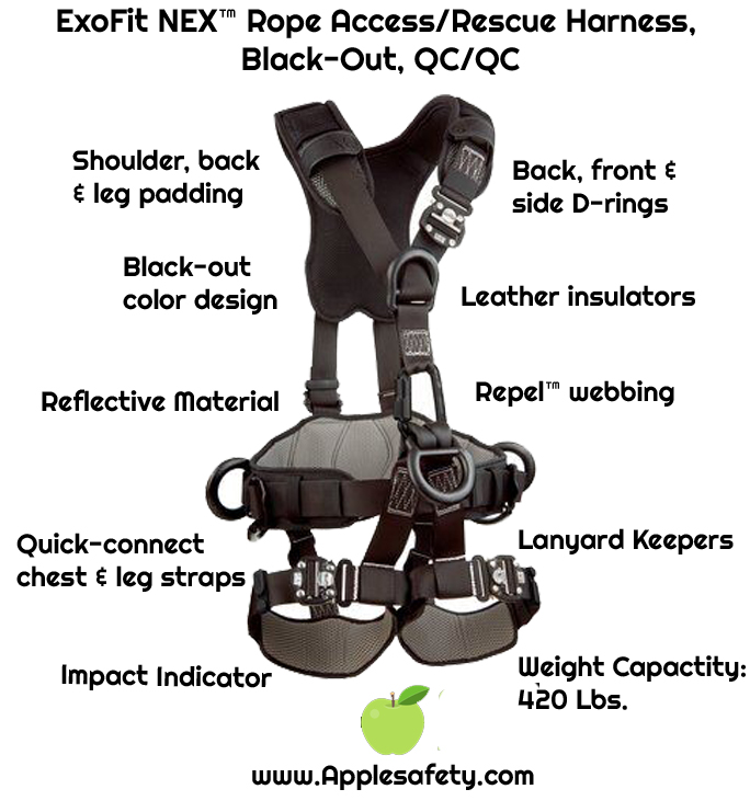 3M™ DBI-SALA® ExoFit NEX™ Rope Access/Rescue Harness, Black-Out, Aluminum front, back and side D-rings, locking quick-connect buckles and hybrid comfort padding, black-out, 1113370 1113371 1113372 1113373, front chart