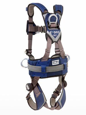ExoFit NEX™ Construction Style Positioning/Climbing Harness, 1113151 1113154 1113157 1113160, Aluminum front, back & side D-rings, locking quick connect buckles with sewn in hip pad & belt, rear
