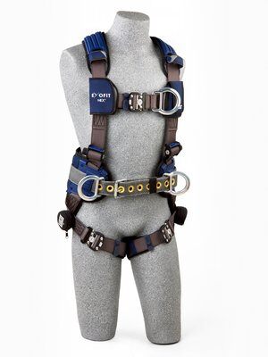 ExoFit NEX™ Construction Style Positioning/Climbing Harness, 1113151 1113154 1113157 1113160, Aluminum front, back & side D-rings, locking quick connect buckles with sewn in hip pad & belt, front 2