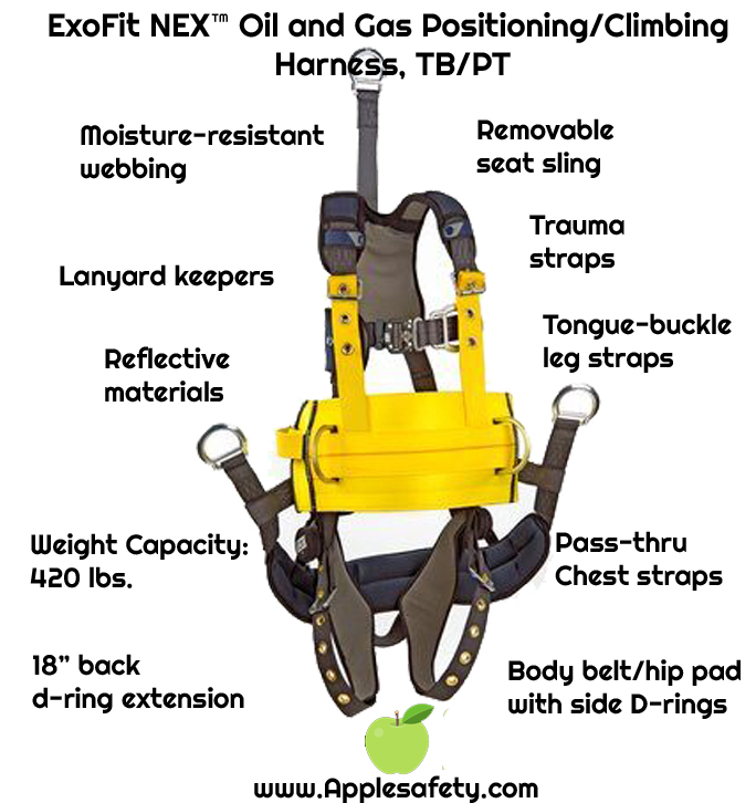 ExoFit NEX™ Oil and Gas Positioning/Climbing Harness, TB/PT, 18" extension, derrick attachments, hip pad & belt and rigid seat sling, use with1003230 derrick belt, 1113295 1113296 1113297 1113298, front chart