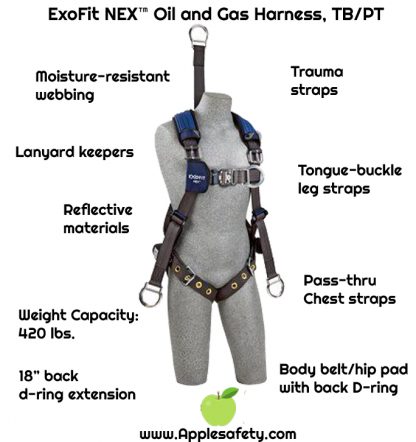 3M™ DBI-SALA® ExoFit NEX™ Oil and Gas Harness, 18" back D-ring extension, lifting D-rings, tongue buckle legs and connection for 1003220 derrick belt, comfort padding, 1113285 1113286 1113287 1113288, front 3