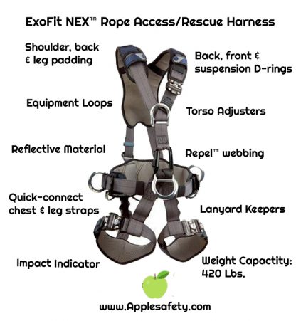 3M™ DBI-SALA® ExoFit NEX™ Rope Access/Rescue Harness, Aluminum front, back and side D-rings, locking quick-connect buckles and hybrid comfort padding, 1113345 1113346 1113347 1113348, front chart