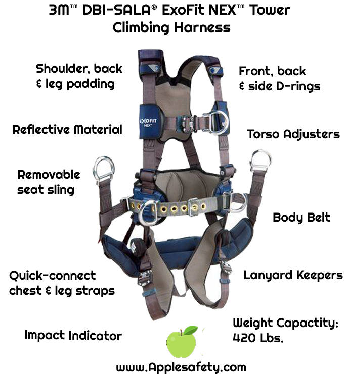 3M™ DBI-SALA® ExoFit NEX™ Tower Climbing Harness, Aluminum front, back & side D-rings, locking quick connect buckles with sewn in hip pad & belt, removable seat sling with positioning D-rings, 1113190 1113191 1113192 1113193, front chart