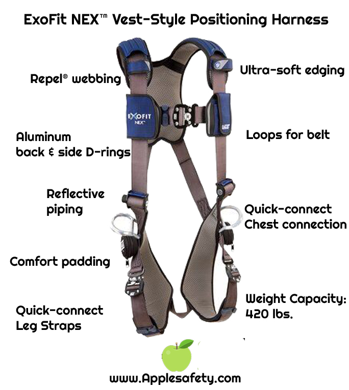 3M™ DBI-SALA® ExoFit NEX™ Vest-Style Positioning Harness, Aluminum back & side D-rings, locking quick connect buckles, 1113046 1113049 1113052 1113055, front chart