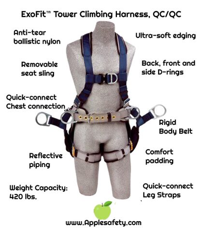 ExoFit™ Tower Climbing Harness, QC/QC, Front & back D-rings, belt with back pad & side D-rings, removeable seat sling with positioning D-rings, quick-connect buckles, 1108650 1108651 1108652 1108657, front, chart