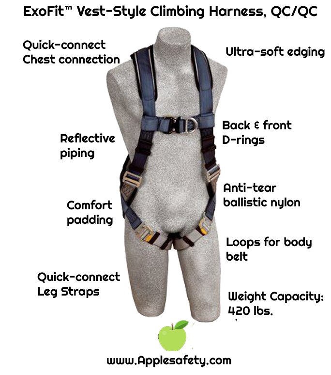 ExoFit™ Vest-Style Climbing Harness, Front & back D-rings, loops for belt, quick-connect buckles, 1108525 1108526 1108527 1108532, chart