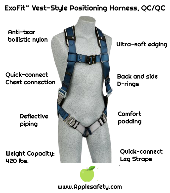 ExoFit™ Vest-Style Positioning Harness, QC/QC, Back & side D-rings, loops for belt, quick-connect buckles, 1108575 1108576 1108577 1108581, front chart