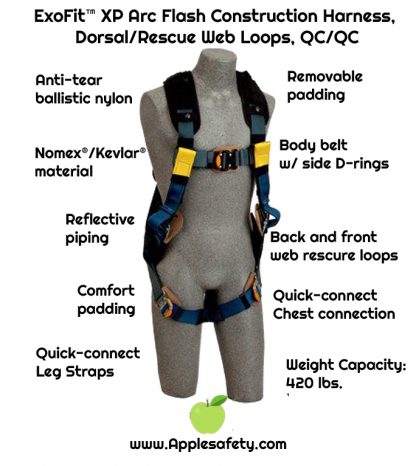 ExoFit™ XP Arc Flash Construction Harness, Dorsal/Rescue Web Loops, QC/QC, Back and front web rescue loops, belt with pad and side D-rings, comfort padding with Nomex®/Kevlar® fiber, nylon web, leather insulators, quick connect buckle leg straps, 1110850 1110851 1110852 1110853, front chart