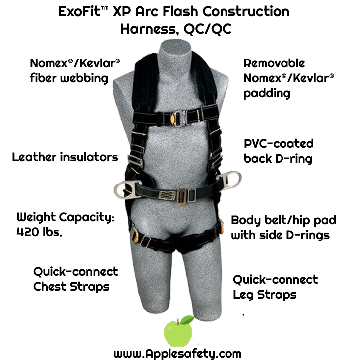 ExoFit™ XP Arc Flash Construction Harness, QC/QC, PVC coated back D-ring, belt with pad and side D-rings, Nomex®/Kevlar® fiber webbing and comfort padding, leather insulators, quick connect buckle leg straps, 1111300 1111301 1111302 1111303, front chart