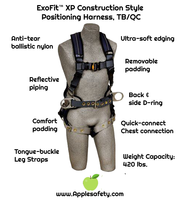 ExoFit™ XP Construction Style Positioning Harness, TB/QC, Back D-ring, sewn in back pad & belt with side D-rings, tongue buckle legs, 1110175 1110176 1110177 1110178, front chart