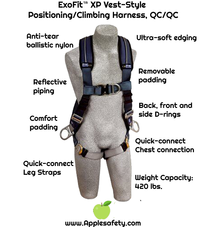 3M™ DBI-SALA® ExoFit™ XP Vest-Style Positioning/Climbing Harness, Front, back & side D-rings, loops for belt, quick-connect buckles, 1109750 1109751 1109752 1109753, front chart
