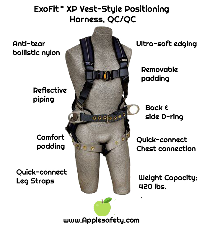 ExoFit™ XP Vest-Style Positioning Harness, QC/QC, Back & side D-rings, loops for belt, quick-connect buckles, 1110225 1110226 1110227 1110228, chart