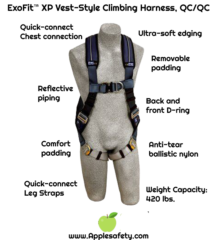 ExoFit™ XP Vest-Style Climbing Harness, QC/QC, Front & back D-rings, loops for belt, quick-connect buckles, 1109725 1109726 1109727 1109728, chart