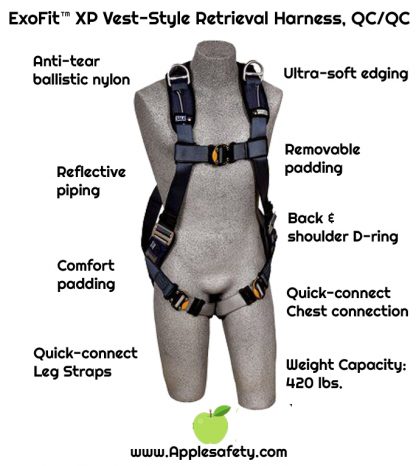 3M™ DBI-SALA® ExoFit™ XP Vest-Style Retrieval Harness, Back & shoulder D-rings, loops for belt, quick-connect buckles, 1110375 1110376 1110377 1110378, chart