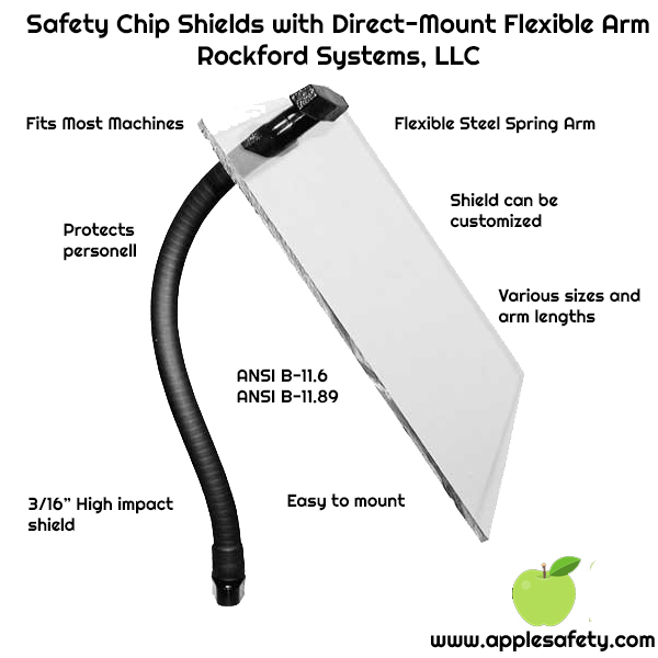 Safety Chip Shields with Direct-Mount Flexible Arm Rockford Systems, LLC, Fits Most Machines, Protects personell, 3/16” High impact shield, ANSI B-11.6 ANSI B-11.89, Easy to mount, Flexible Steel Spring Arm, Shield can be customized, Various sizes and arm lengths
