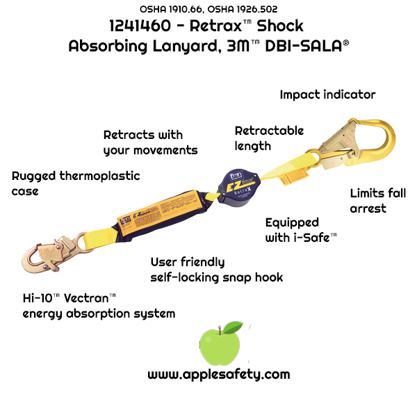 Navy/Yellow 6 Single-Leg Retractable Web and Snap Hook At One End Aluminum Rebar Hook At Other End 3M DBI-SALA,Retrax 1241462 Shock Absorbing Lanyard