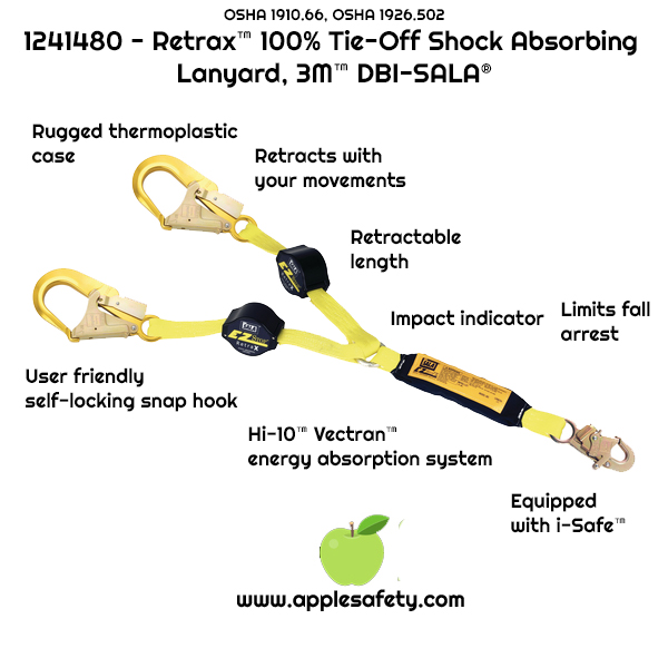 1241480 - Retrax™ 100% Tie-Off Shock Absorbing Lanyard, 3M™ DBI-SALA®, 1241480 1241481 1241482, 6 ft. (1.8m) double-leg 100% tie-off retractable web and snap hooks at each end, front, applesafety chart