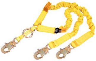 1244455 - 6ft. Double-leg 100% Tie-off Rescue Shock Absorbing Lanyard, SRL D-ring / Snap Hooks, 6 ft. (1.8m) double-leg 100% tie-off with elastic web, D-ring for SRL or rescue at center with snap hooks at ends, front chart