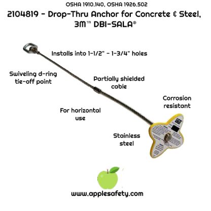 2104819 ANCHOR,CONCRT,DROP-THRU2' SWIVEL-D,ANCHOR 2 ft. (0.6 m) drop-thru anchor with swiveling D-ring for concrete and steel, fits 1-1/2 in. to 1-3/4 in. dia. hole ANCHOR DEVICES & SYSTEMS