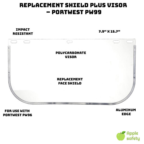  Replacement visor to be used on the PW96 Face Shield Plus Polycarbonate clear visor with an aluminum edge for durability Protects against impacts, metal splash and solid hot projections Dimensions: 7.9″ x 15.7″